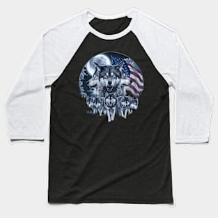 Wolves Under Moon Howling Wolf 4th of July American Flag Baseball T-Shirt